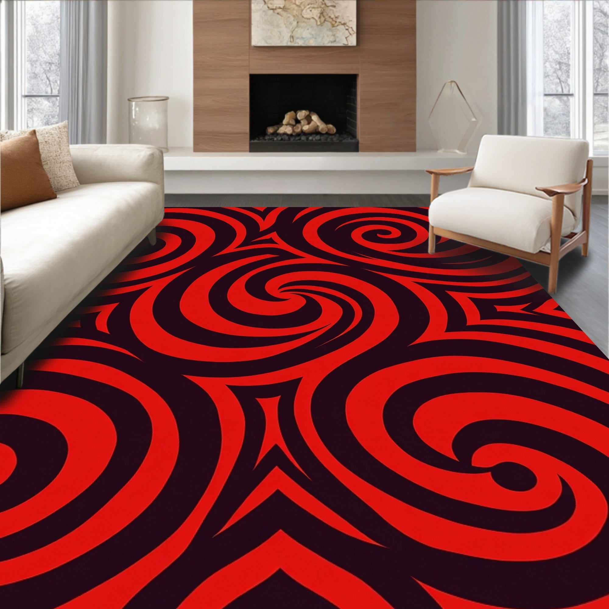 Bold Red Swirl Pattern Design Rug