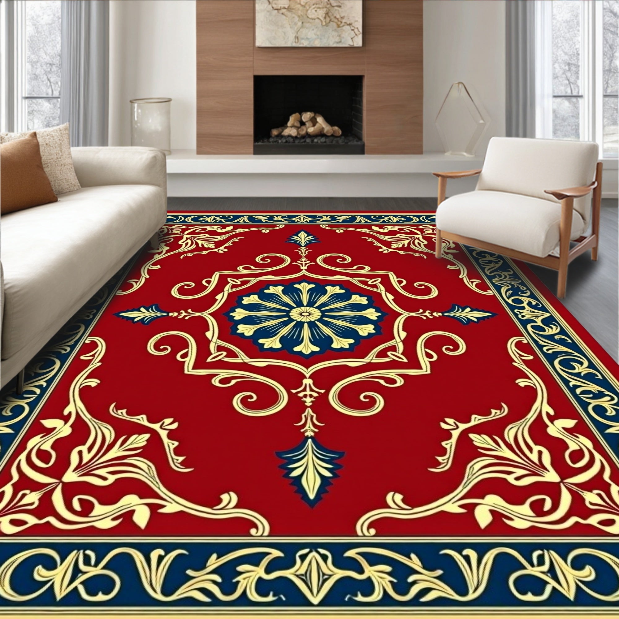 Classic Red Blue Gold Floral Medallion Rug