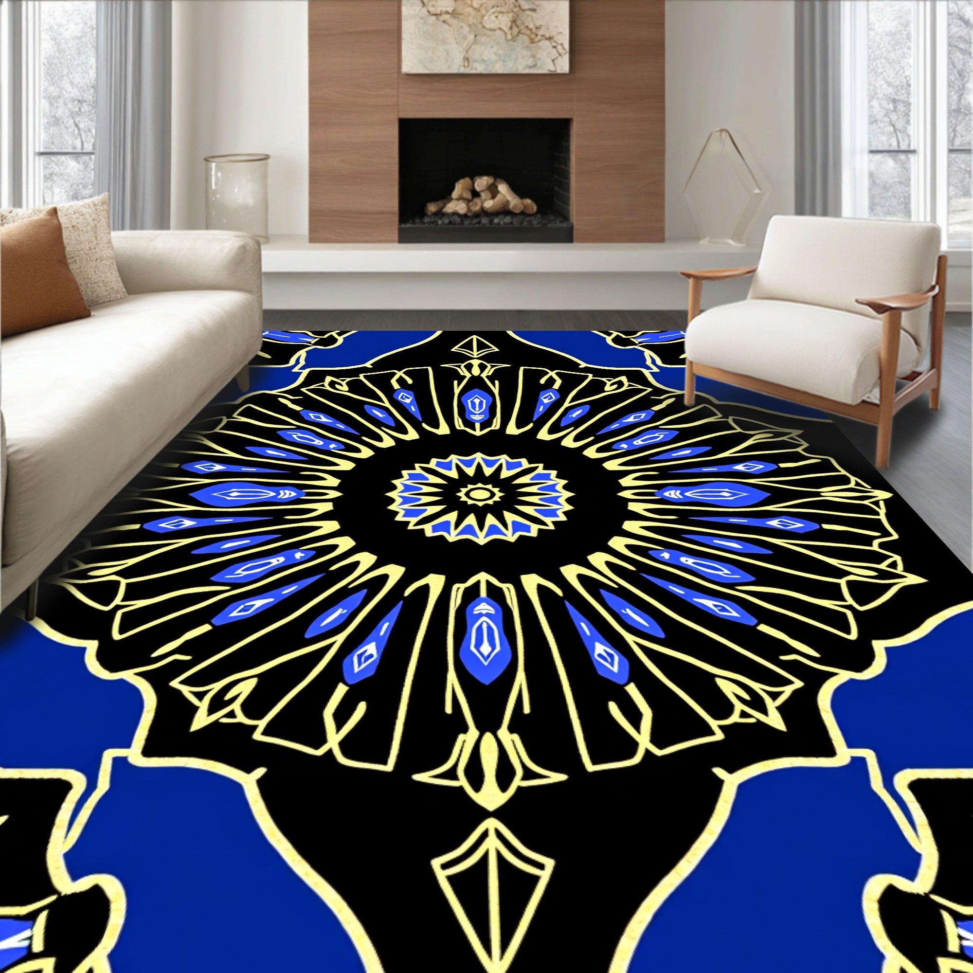 Radiant Blue Yellow Kaleidoscope Design Rug