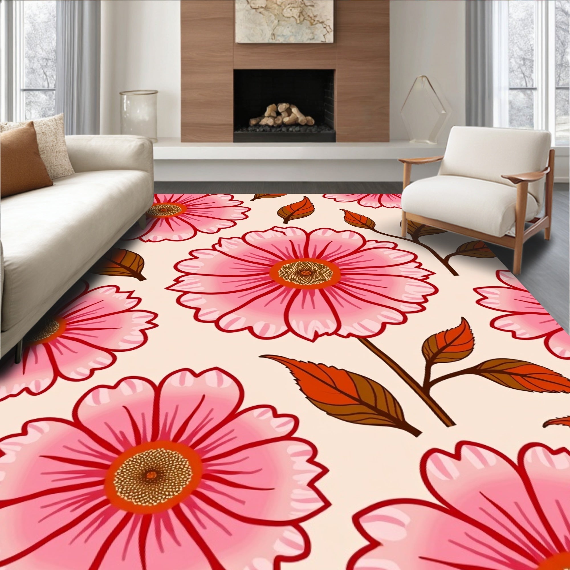 Pink Floral Pattern With Orange Leaves Rug