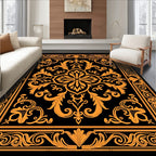 Ornate Black Gold Floral Pattern Rug