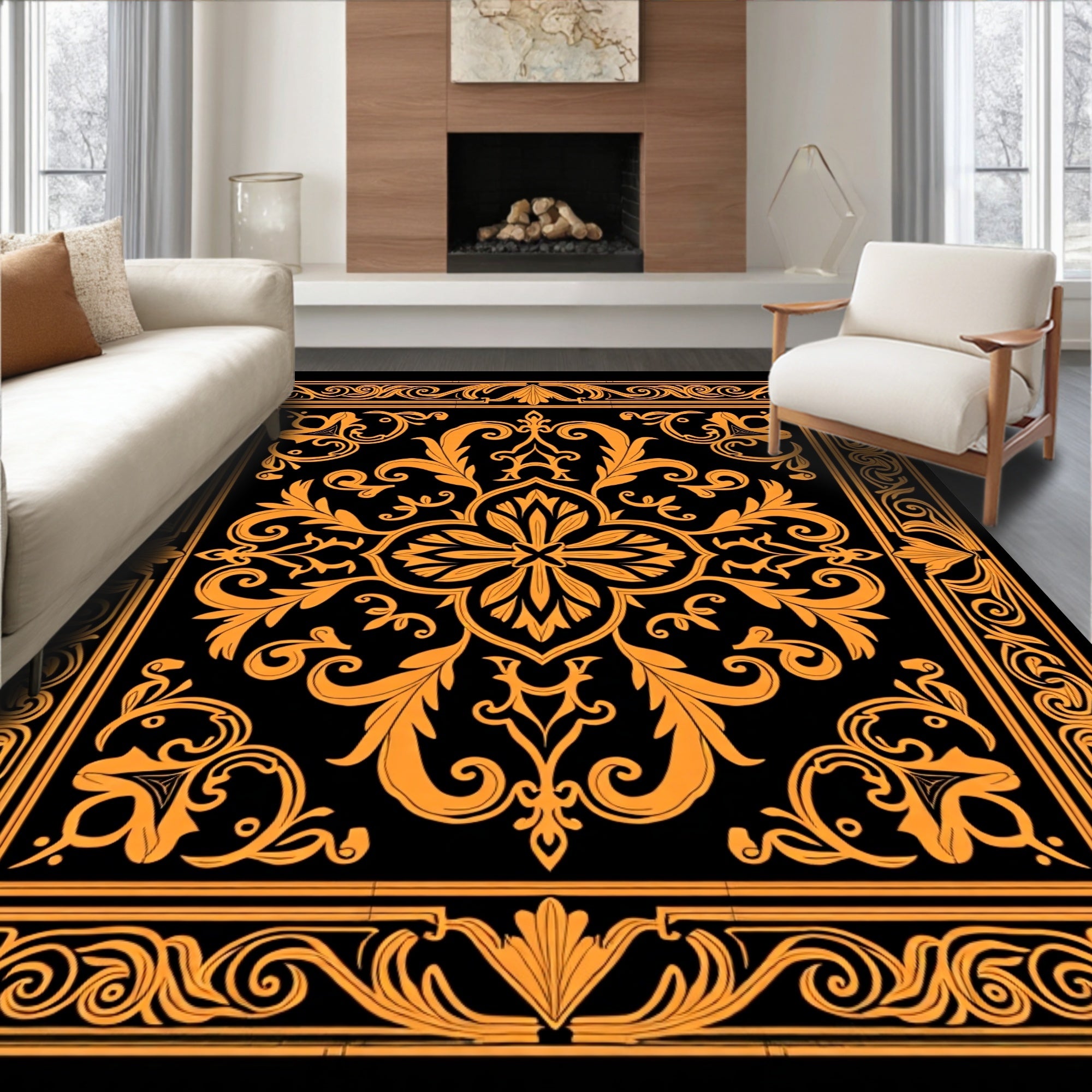 Ornate Black Gold Floral Pattern Rug