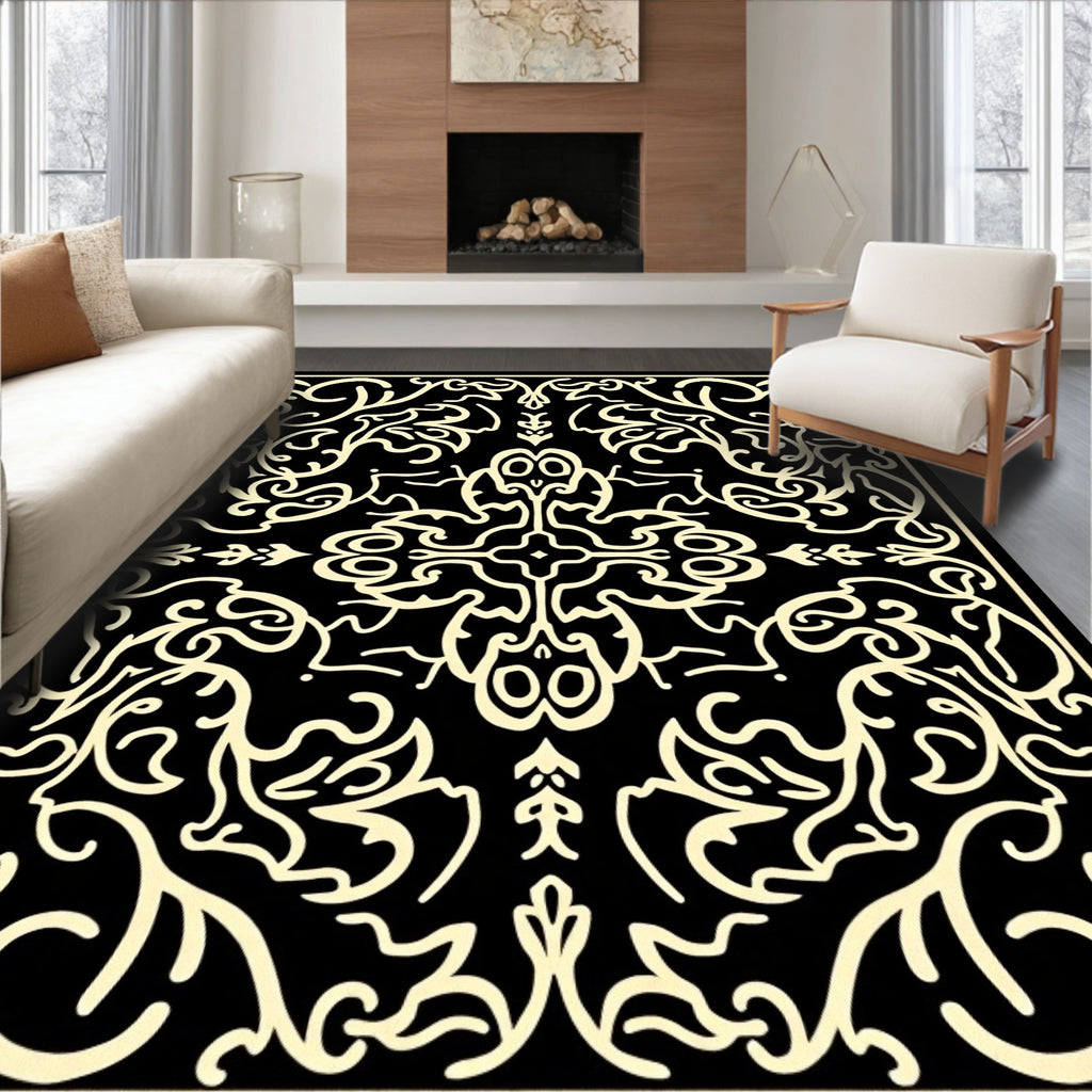 Elegant Black Ivory Scroll Pattern Rug
