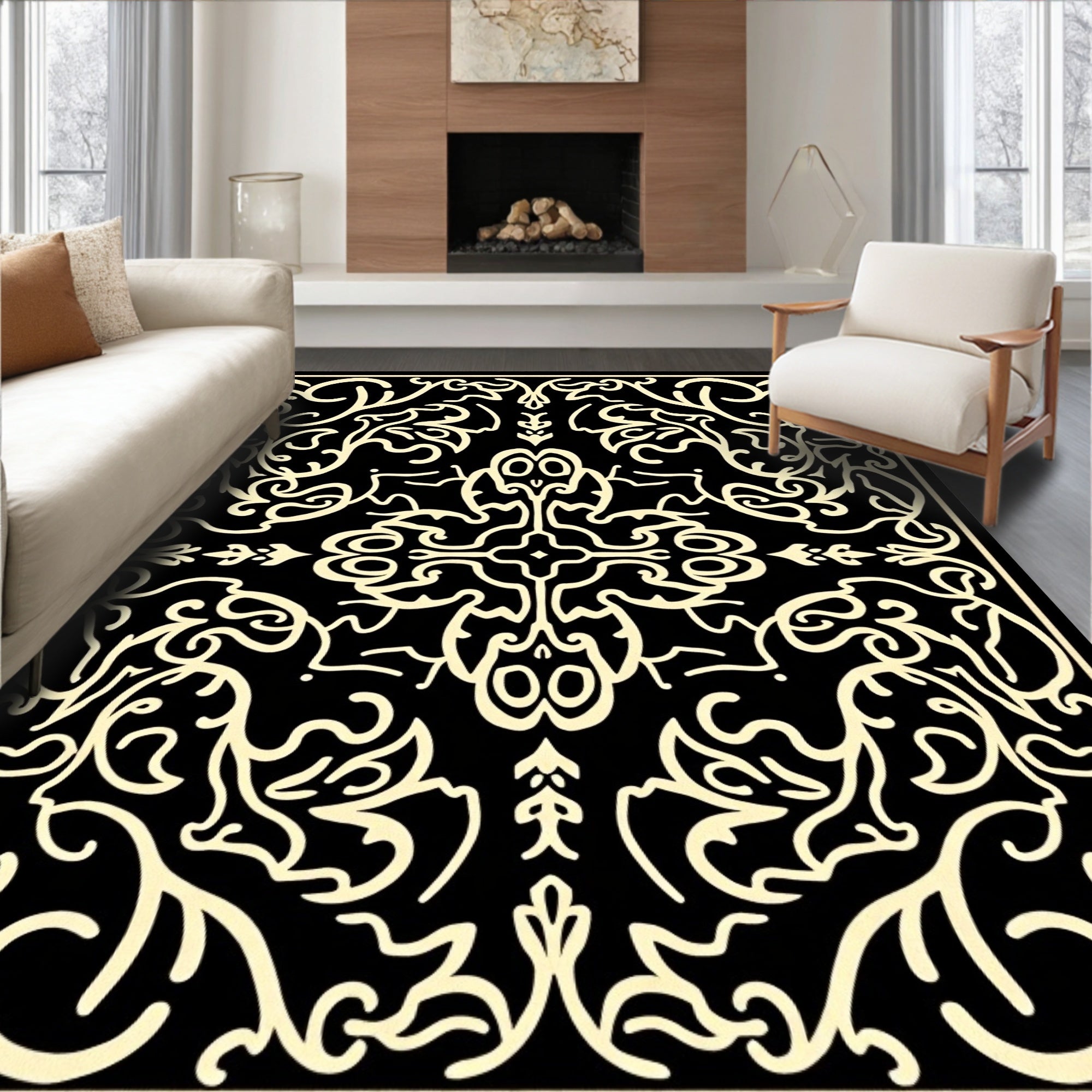Elegant Black Ivory Scroll Pattern Rug