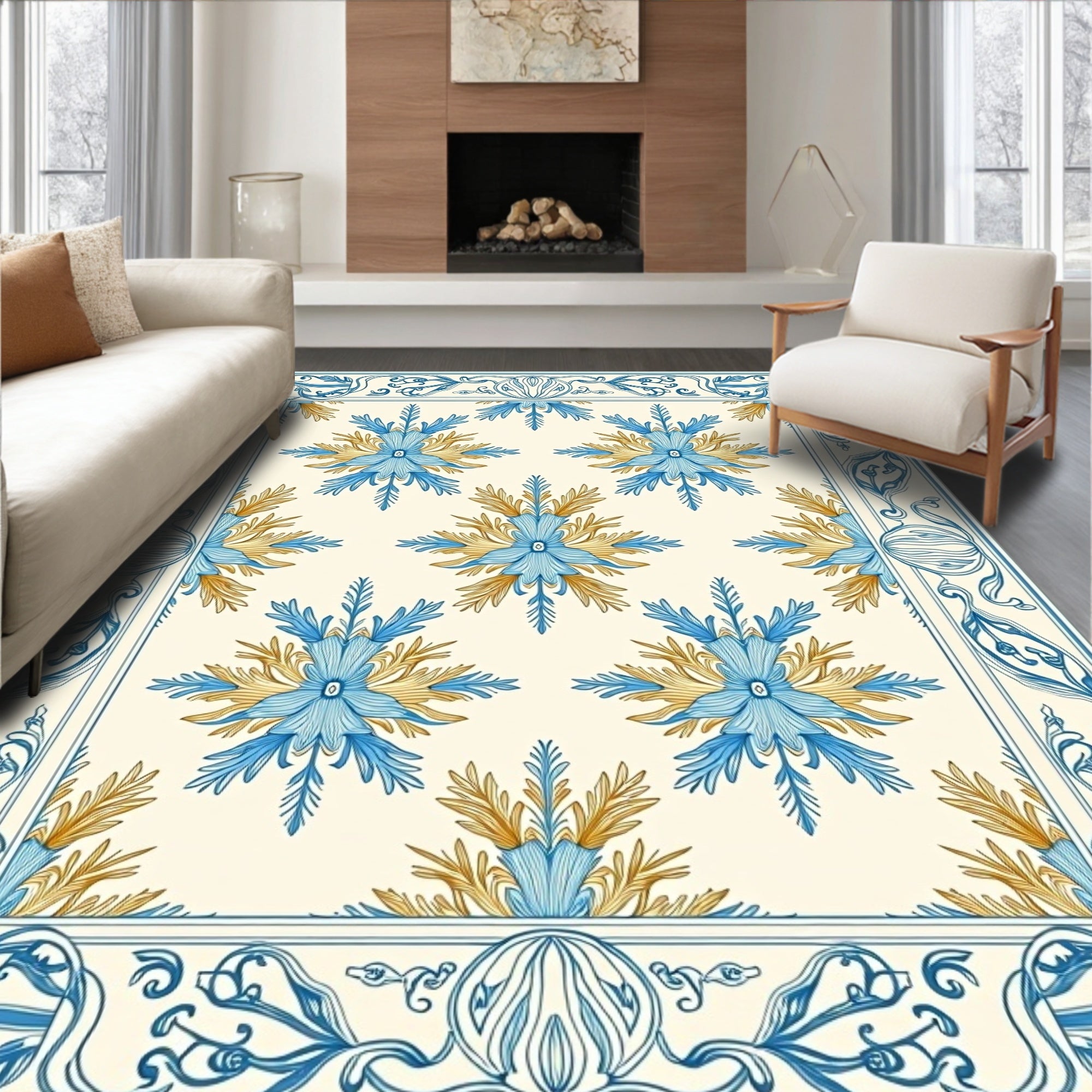 Elegant Blue Gold Floral Medallion Pattern Rug