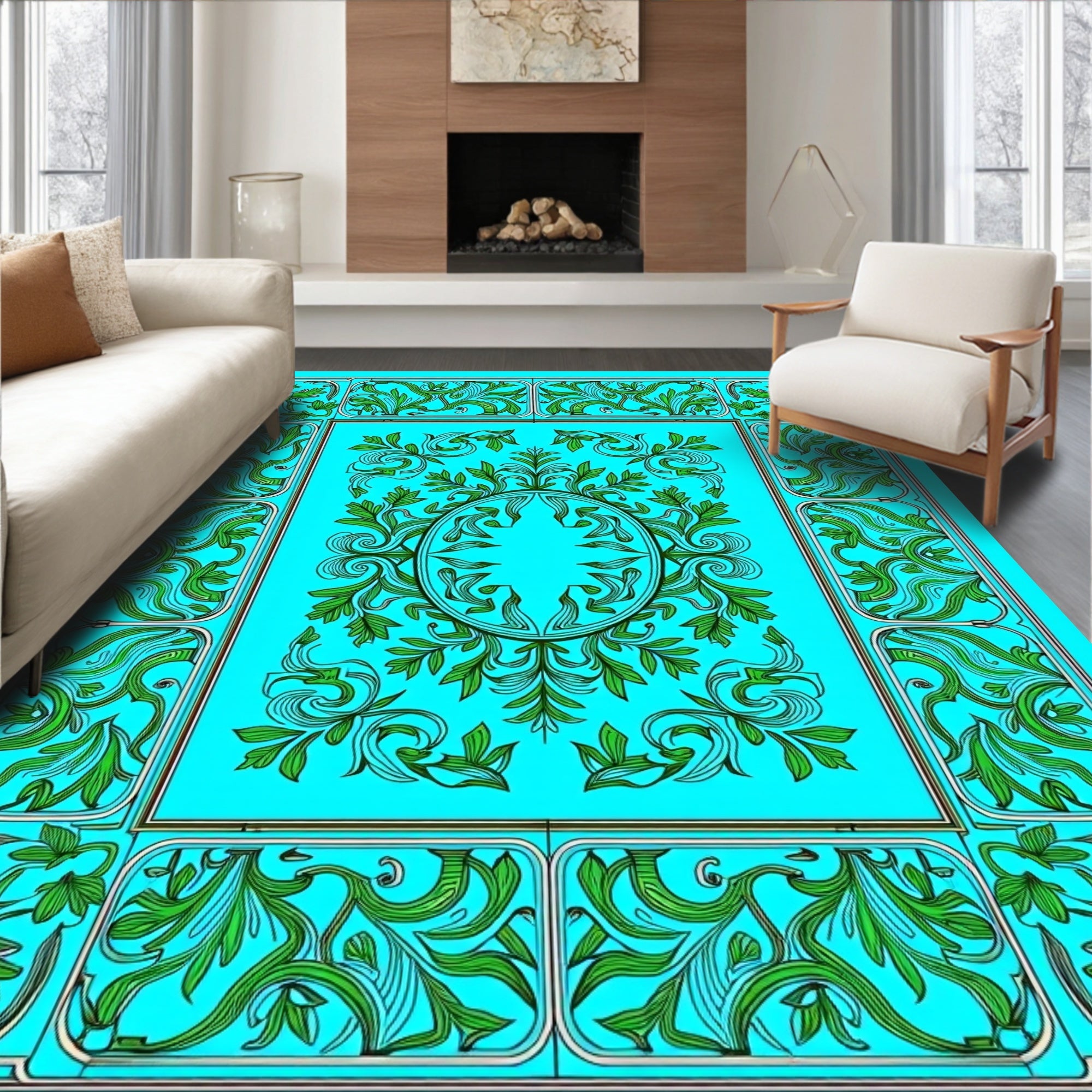 Art Nouveau Green Floral Scroll Design Rug