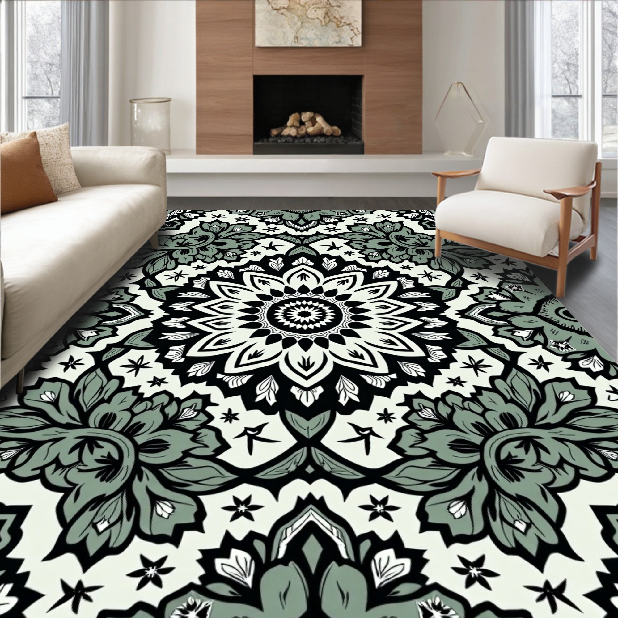 Monochrome Floral Mandala Pattern Rug