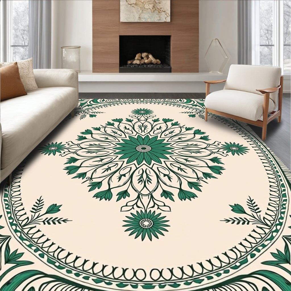 Green Floral Mandala With Vine Border Rug
