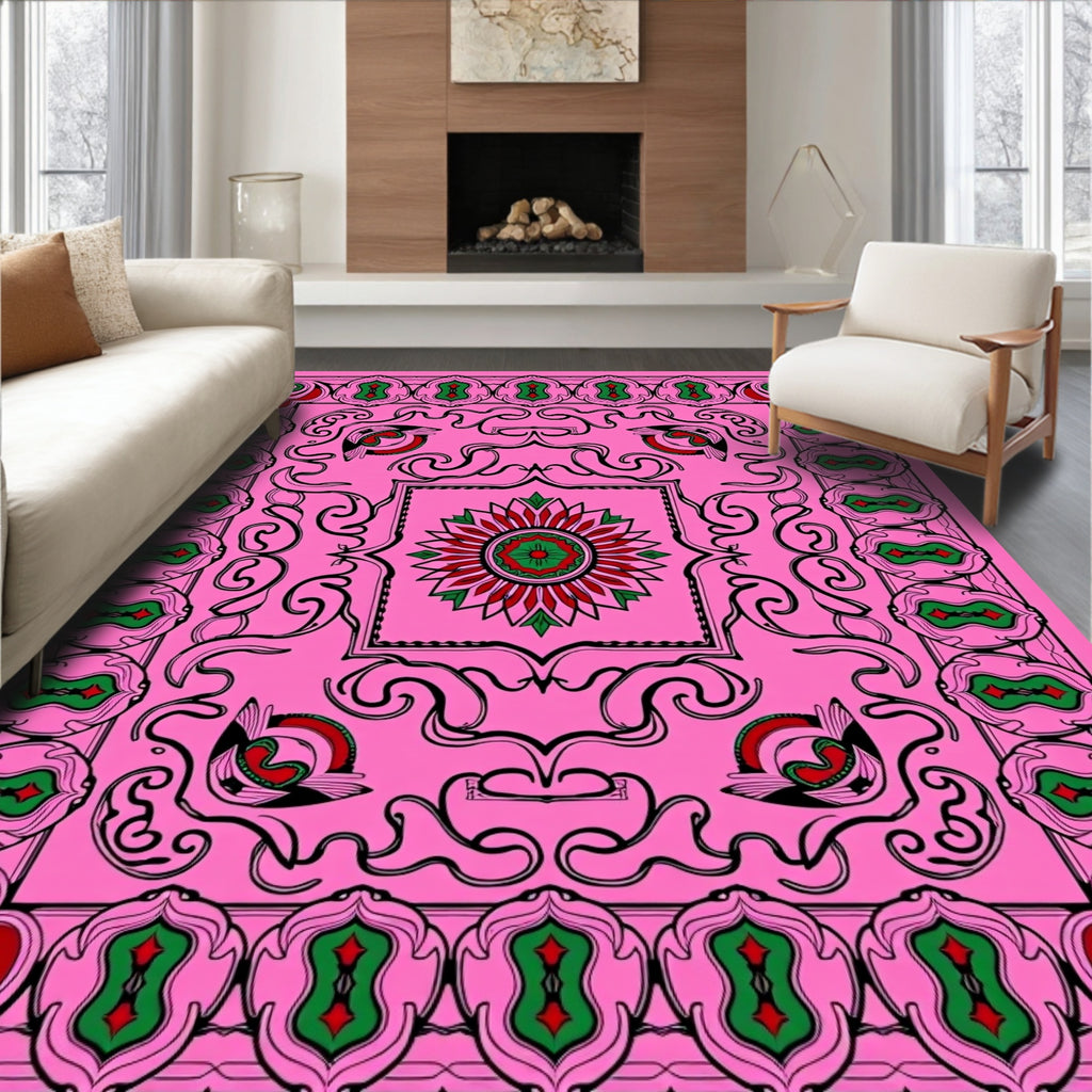 Pink Floral And Scrollwork Rug