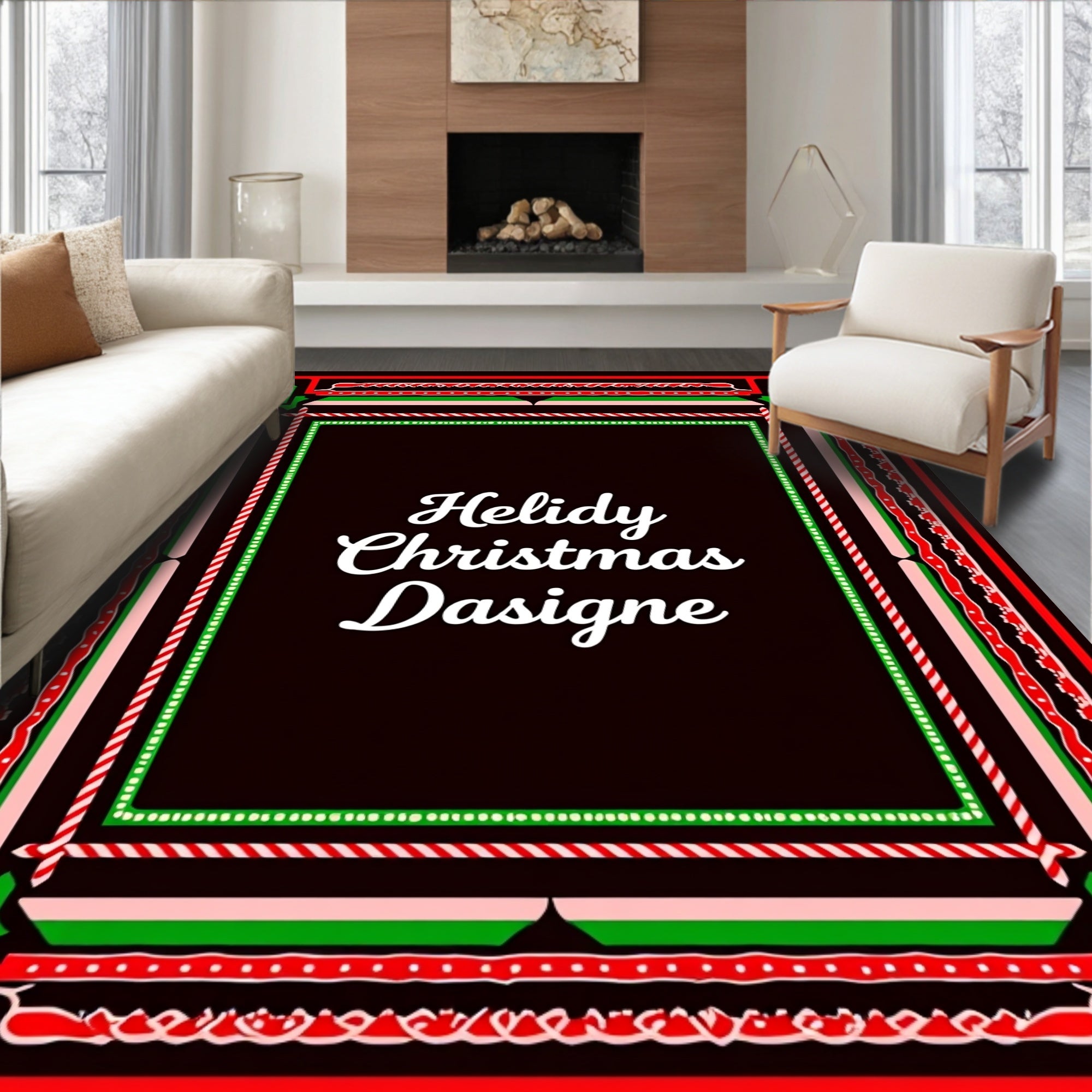 Festive Red Green Swirl Candy Cane Frame Rug