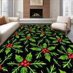 Green Holly Berry Black Background Repeat Rug