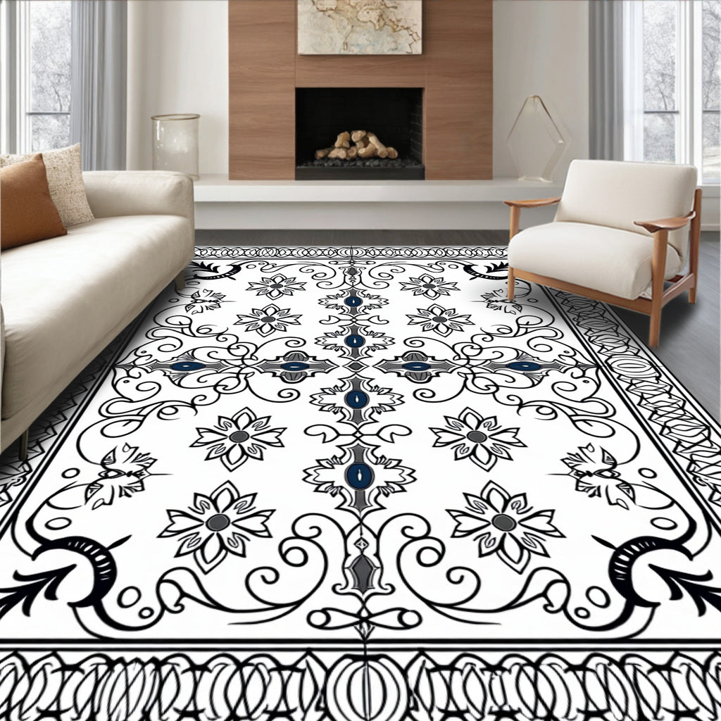Elaborate Black White Floral Scroll Design Rug