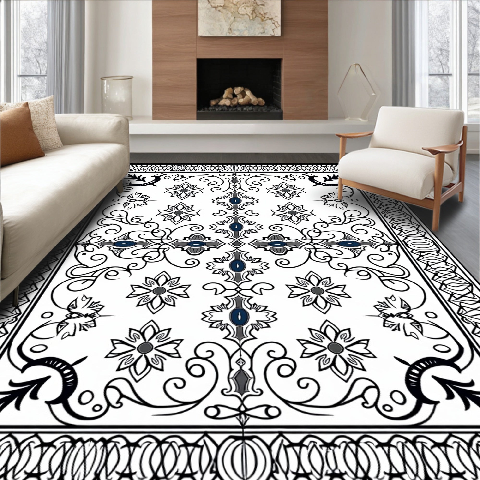 Elaborate Black White Floral Scroll Design Rug