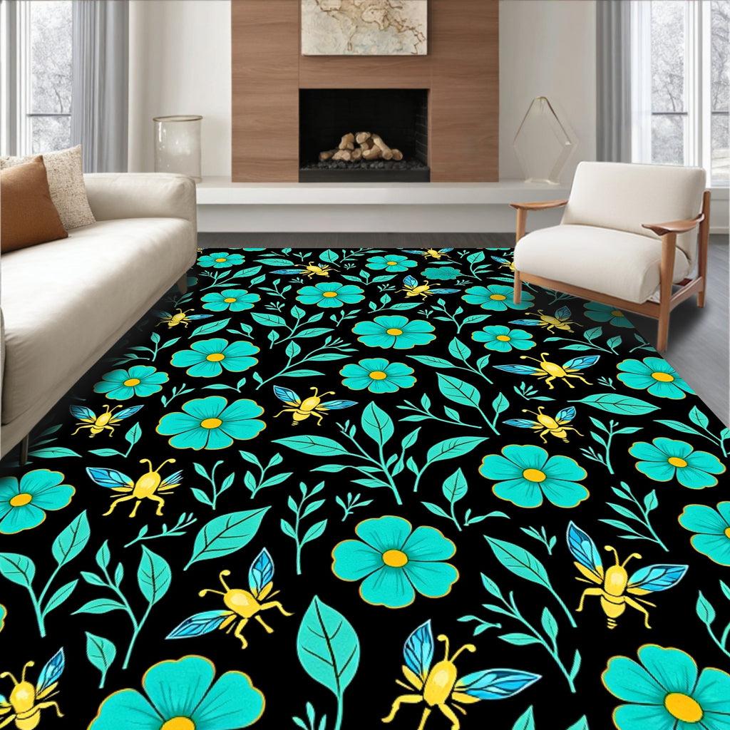 Teal Floral Insect Print Rug