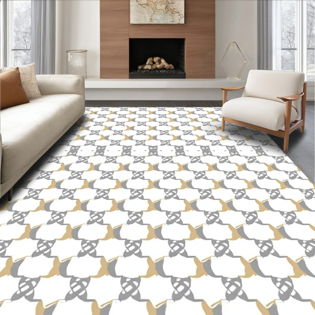 Neutral Tan Gray Interlocking Pattern Rug
