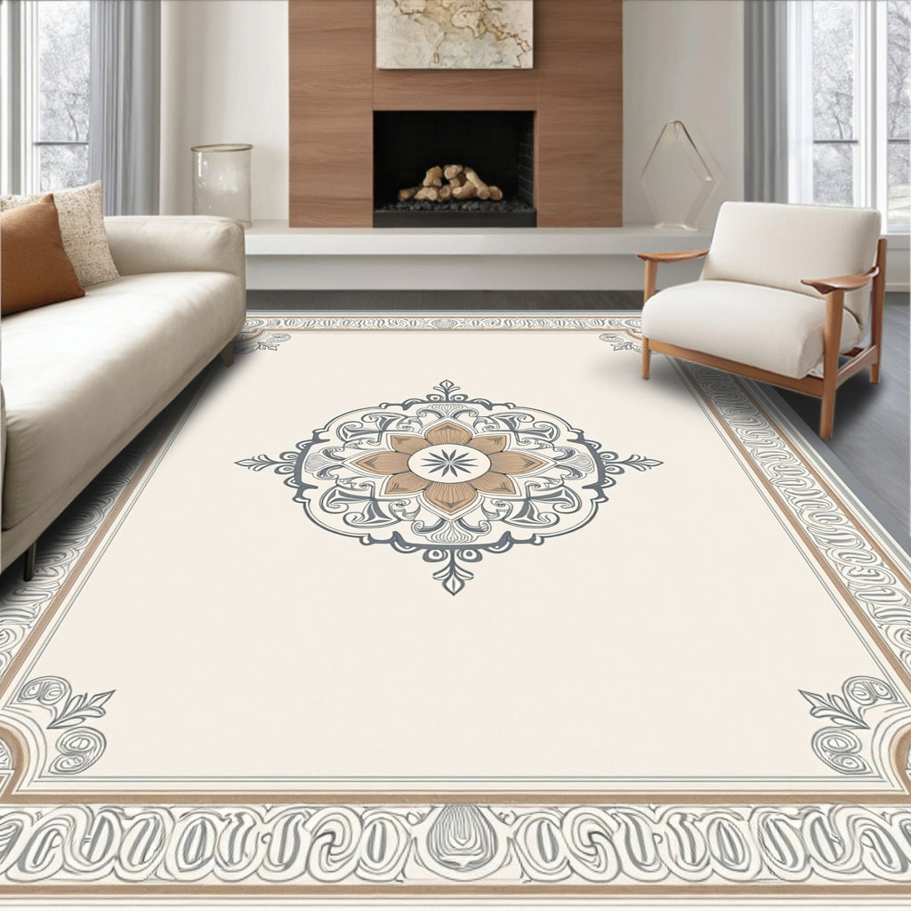 Ornate Mandala With Geometric Border Design Rug