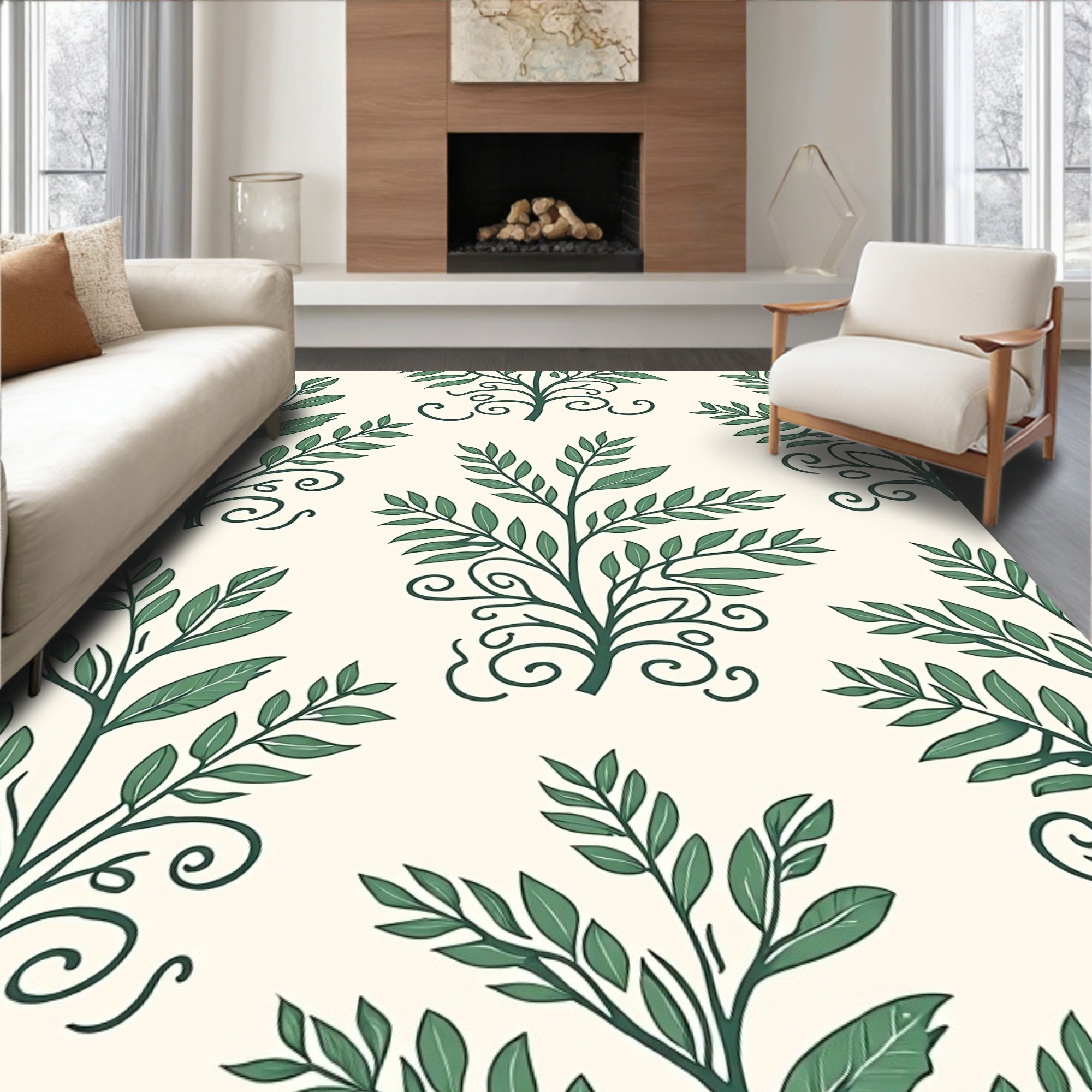 Chic Botanical Scrollwork Green Leaf Pattern Rug