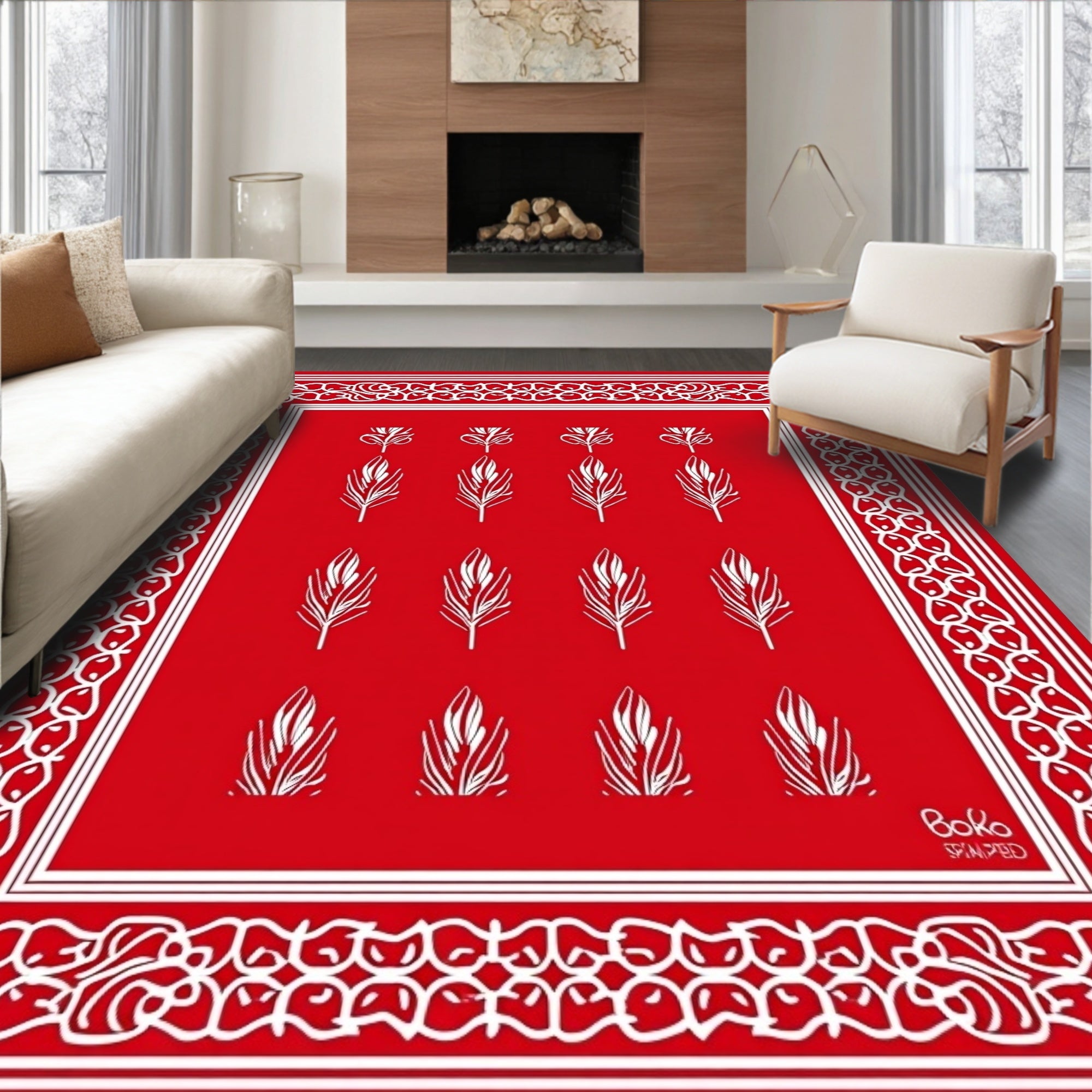 Red Feather Pattern With Boho Border Rug
