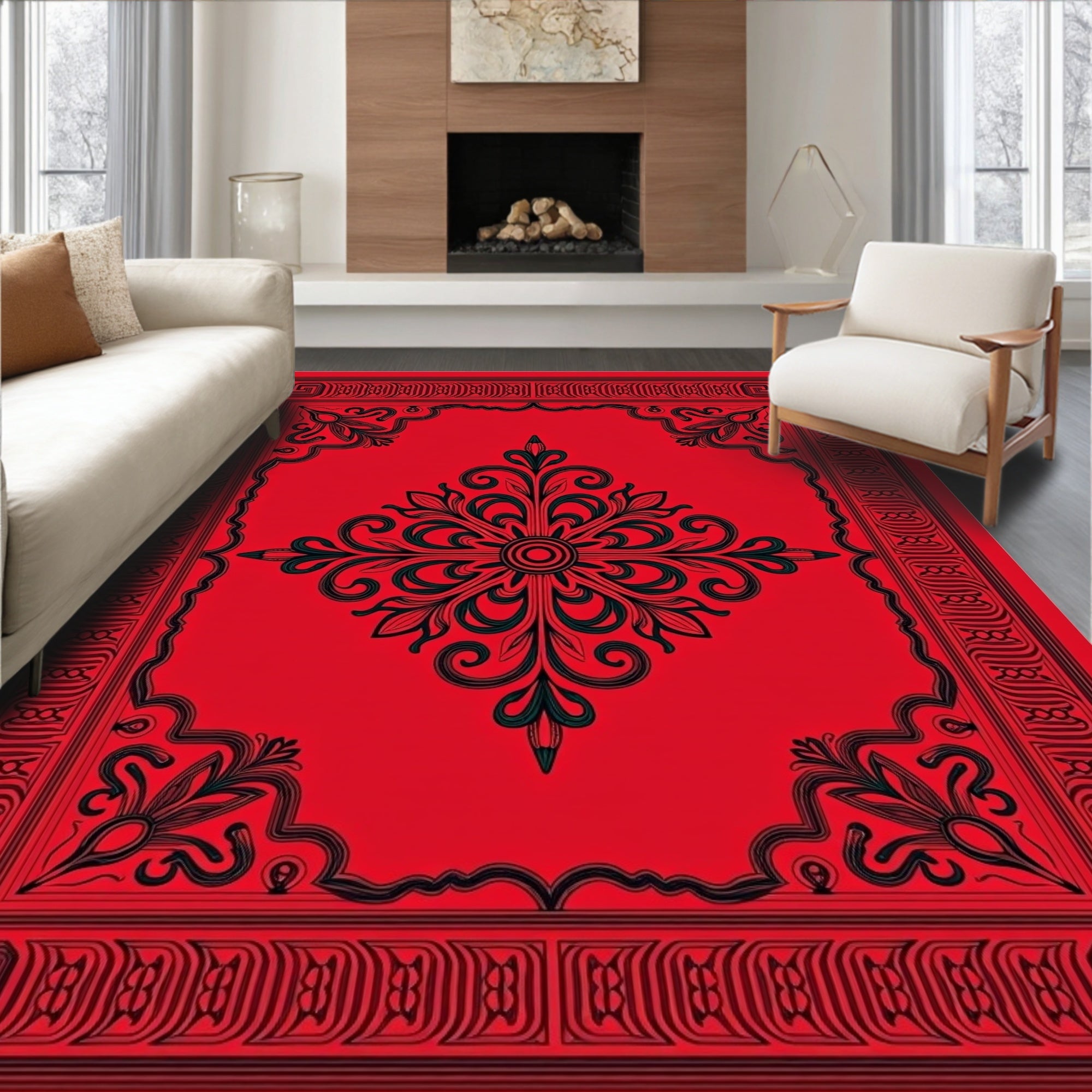 Ornate Red Black Floral Scroll Design Rug