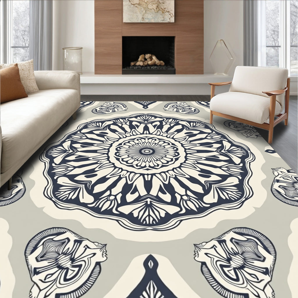 Black Cream Intricate Mandala Pattern Rug