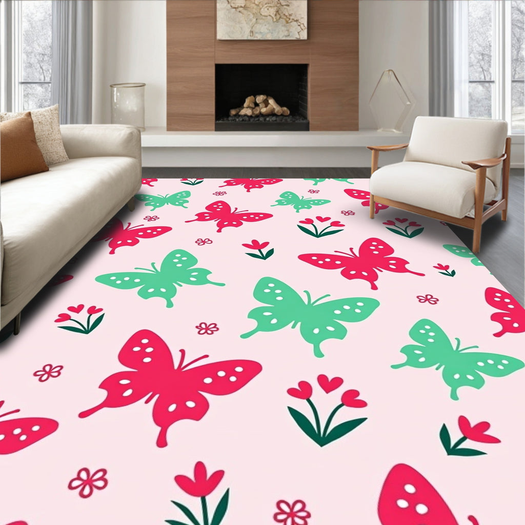 Pink Garden Butterfly Pattern Design Rug