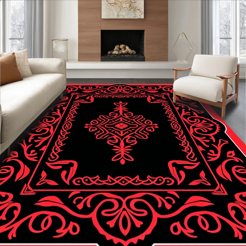 Bold Red Floral Symmetry Design Rug