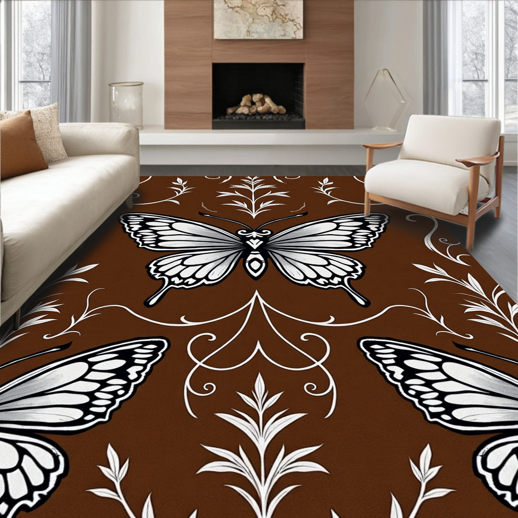 Elegant White Butterfly Pattern Rug