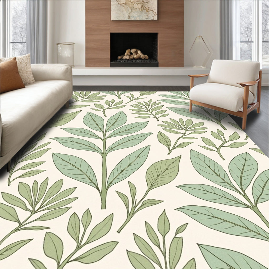 Botanical Leaf Pattern in Green and Cream Rug