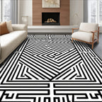 Abstract Maze Pattern Black White Rug