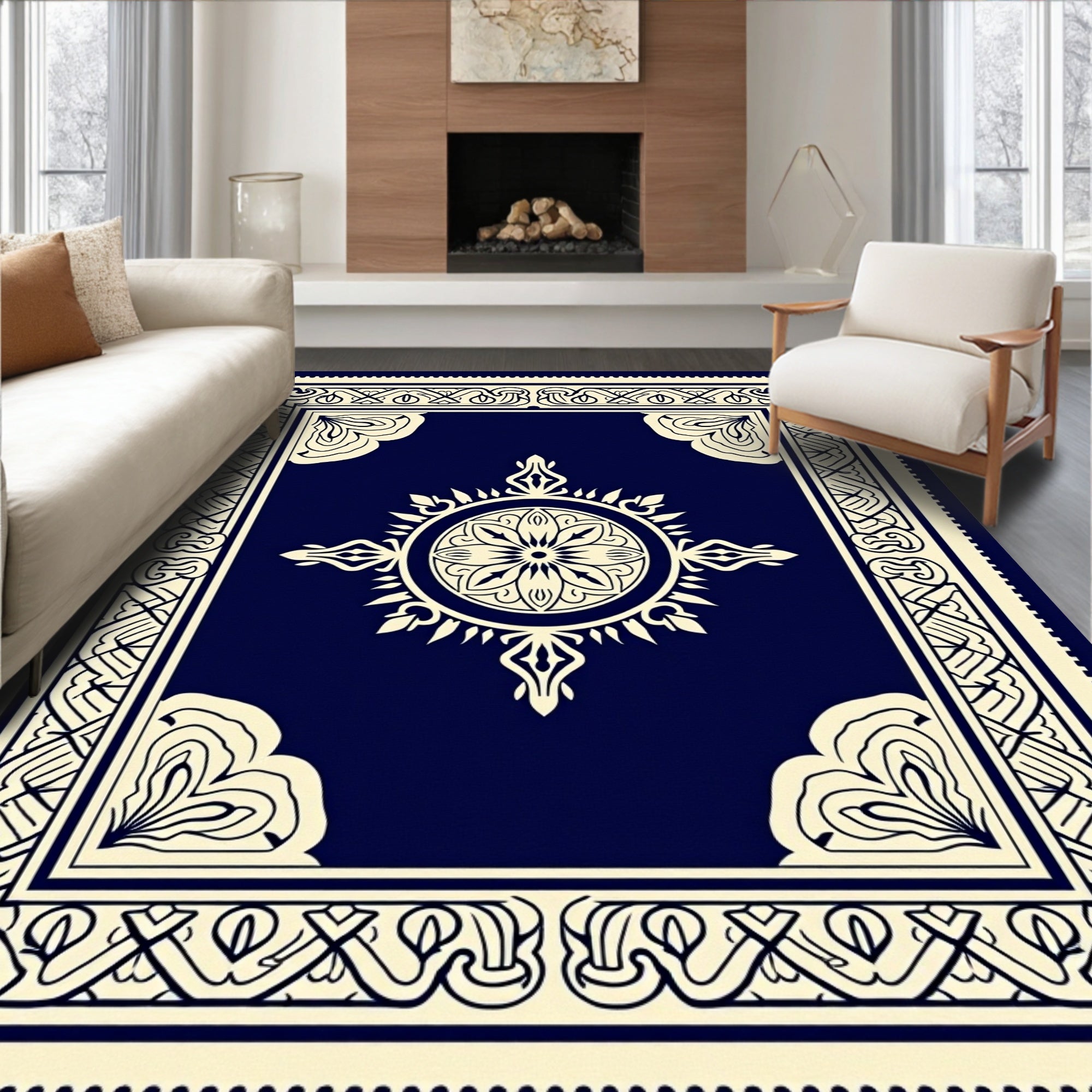 Classic Navy Floral Medallion Rug