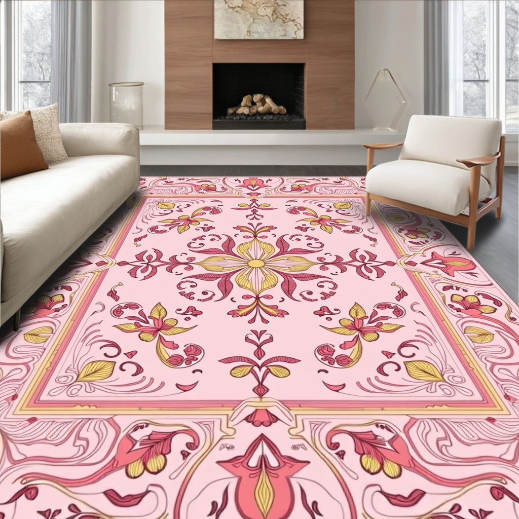 Classic Floral Patterned Pink Rug