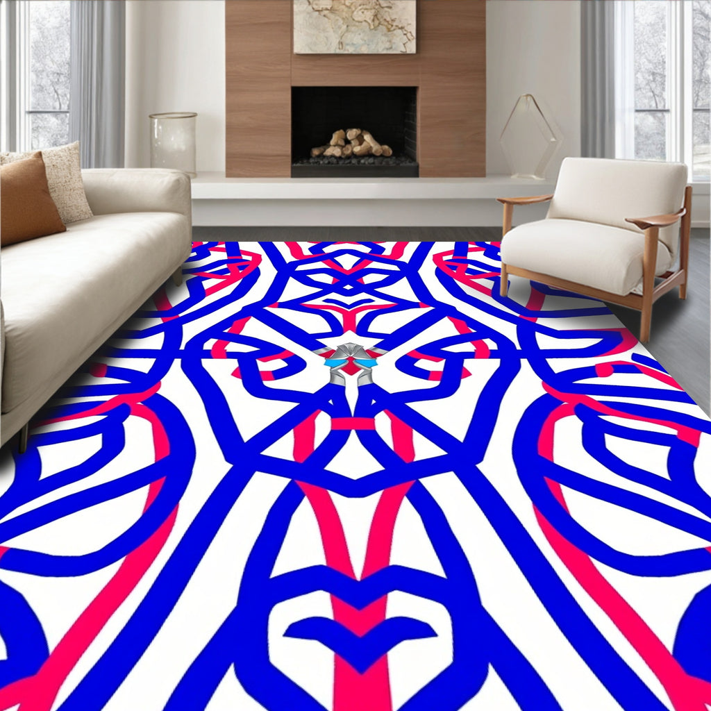 Abstract Interlocking Blue Red Lines Rug