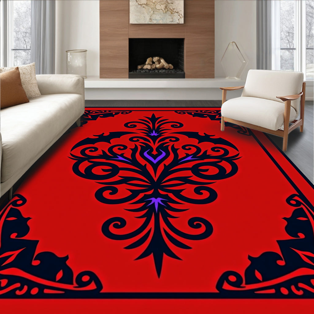 Gothic Red Black Bat Motif Rug