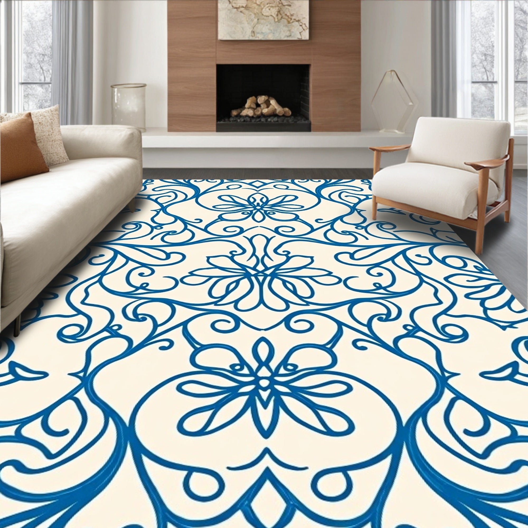 Blue Swirling Floral Vine Pattern Rug
