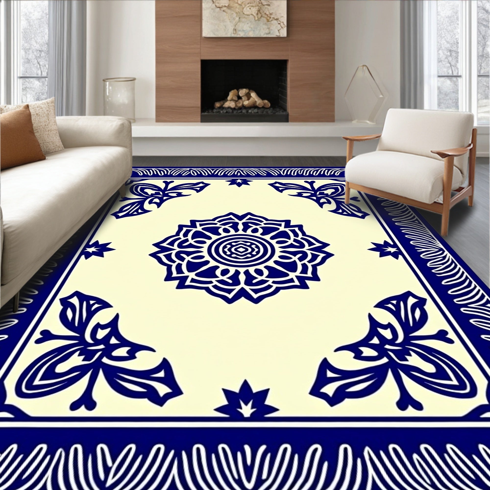 Classic Blue Floral Mandala Border Rug