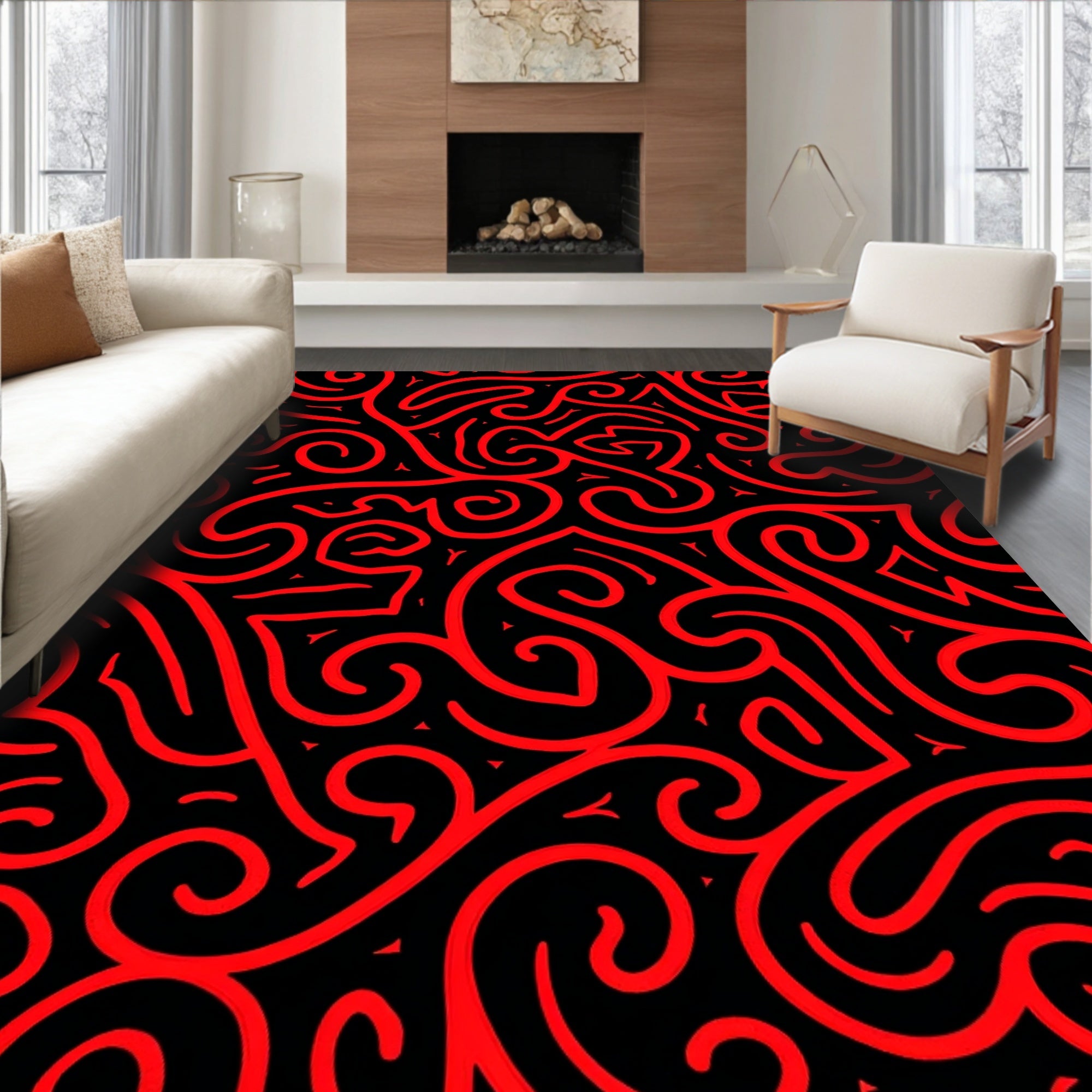 Red Swirl Abstract Continuous Pattern Rug