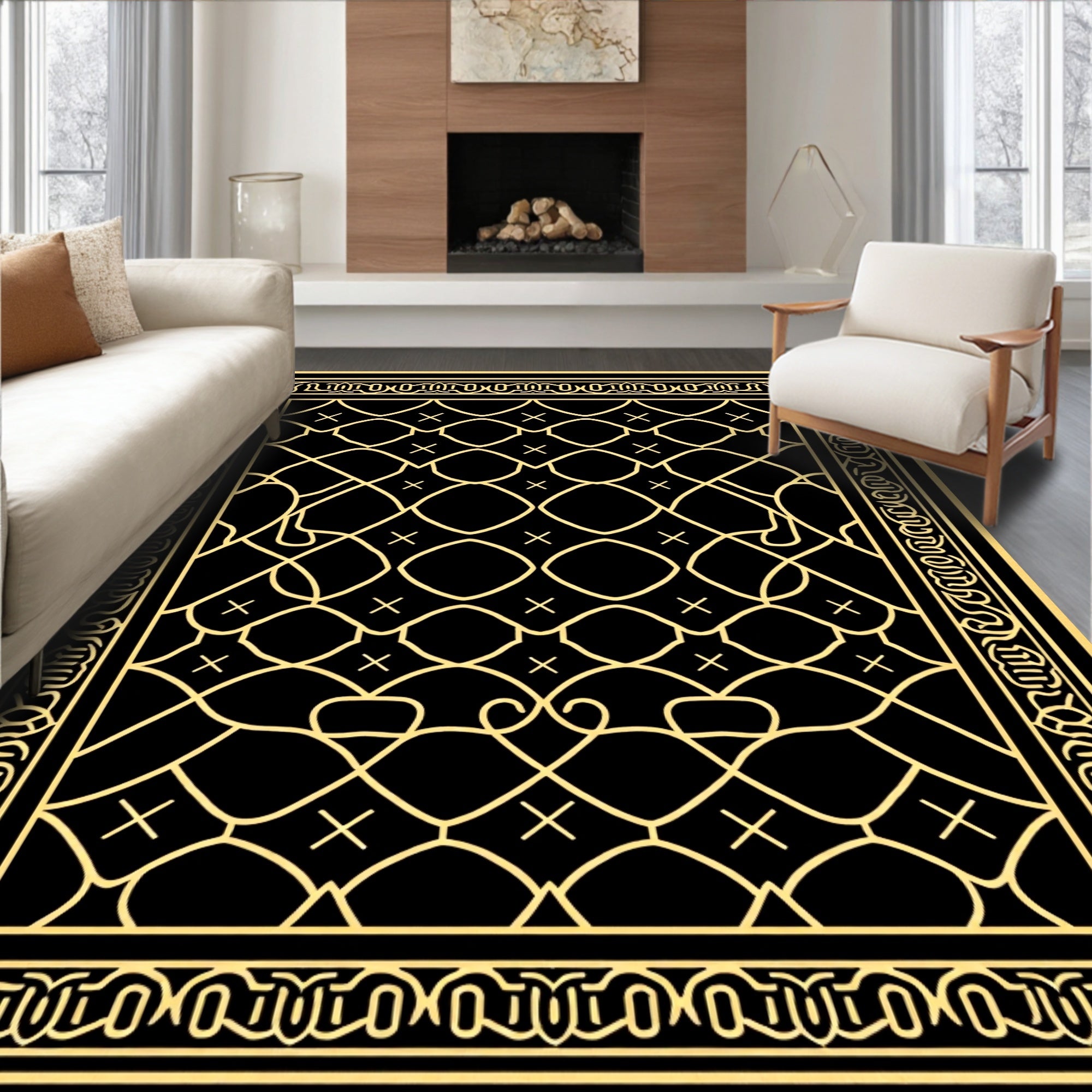 Intricate Geometric Black Gold Patterned Rug