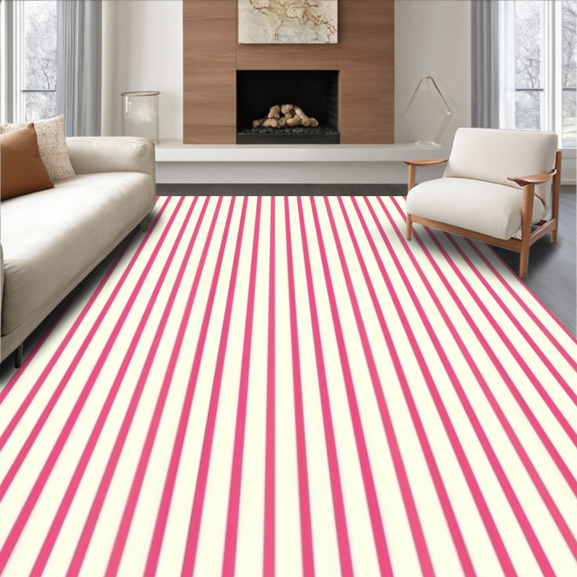 Bold Pink And Cream Stripe Pattern Rug
