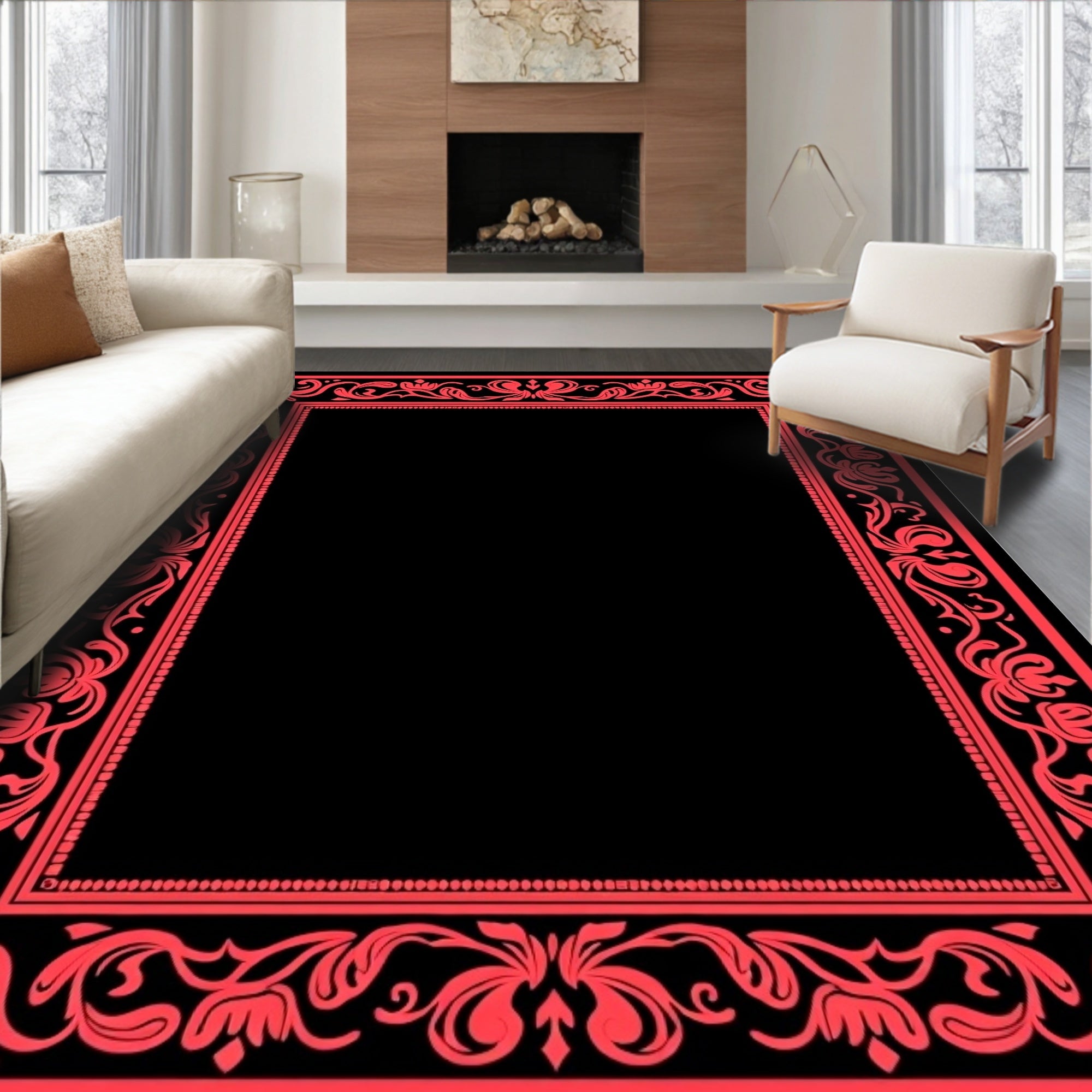 Ornate Floral Border Design Rug