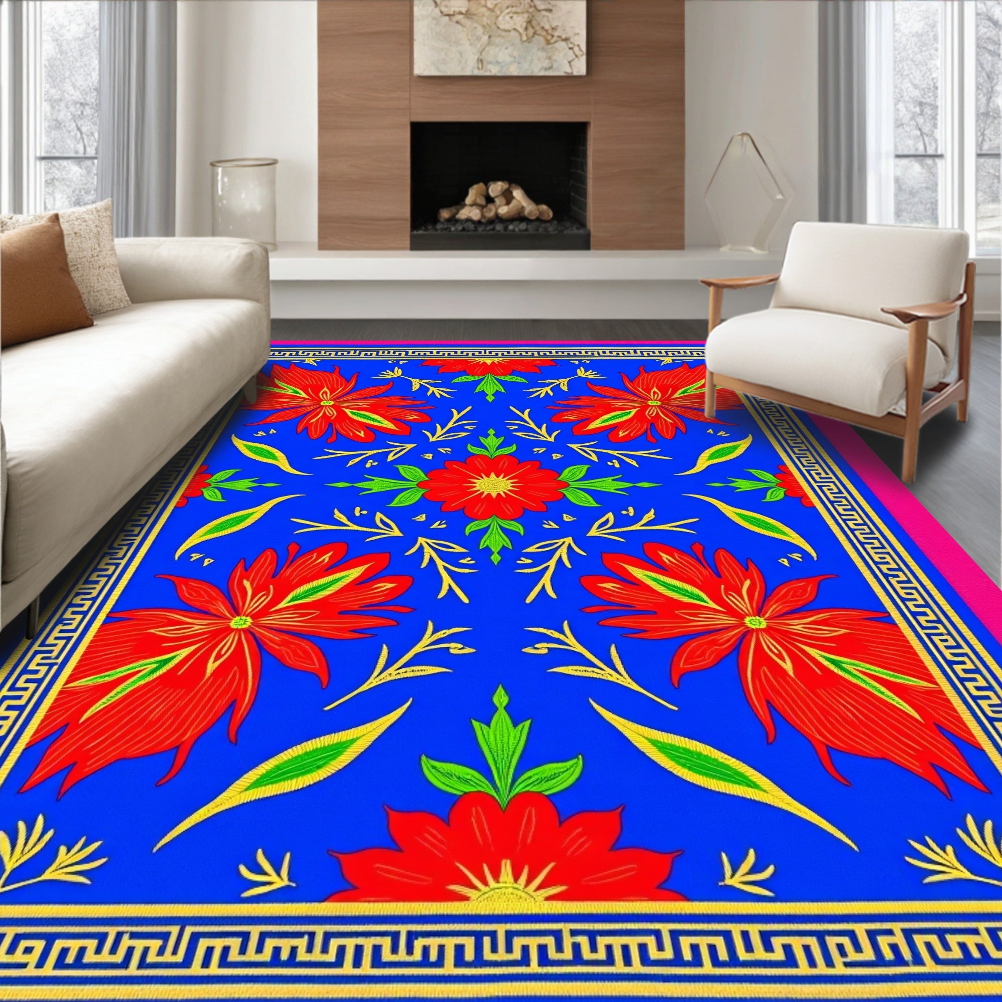 Vibrant Red Floral Blue Geometric Frame Rug