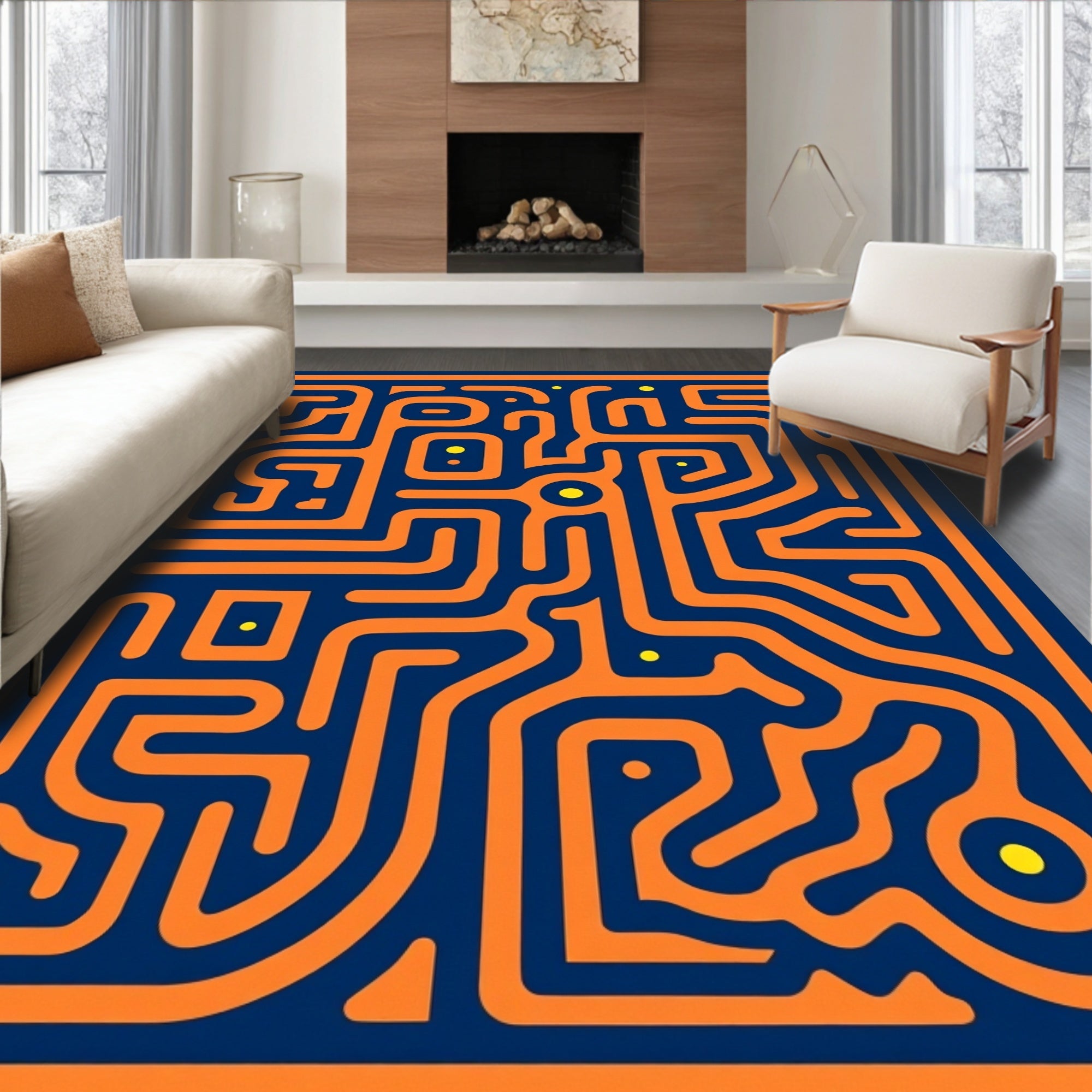 Orange Maze Pattern on Navy Rug