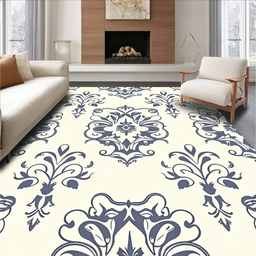 Classic Damask Floral Scroll Pattern Rug