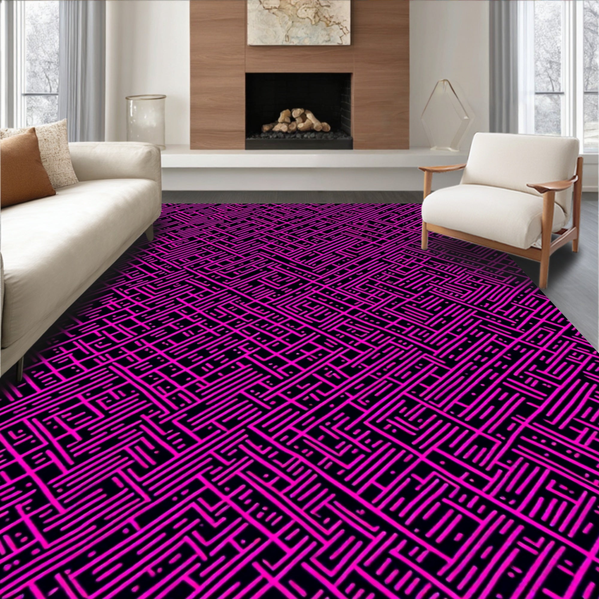 Pink Geometric Maze Pattern Design Rug