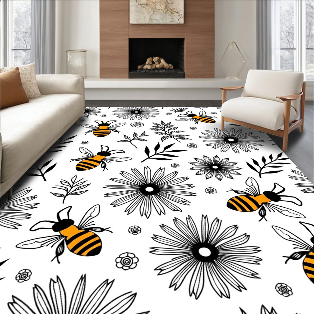 Whimsical Bees Daisy Pattern Rug