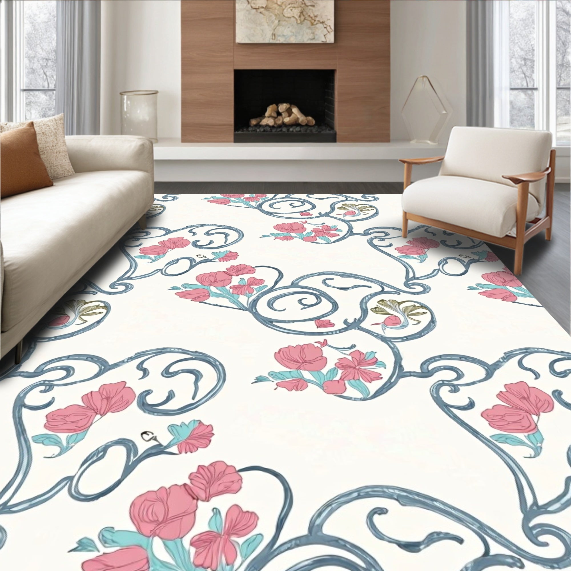 Floral Scrollwork With Pink Blossoms and Swirls Rug
