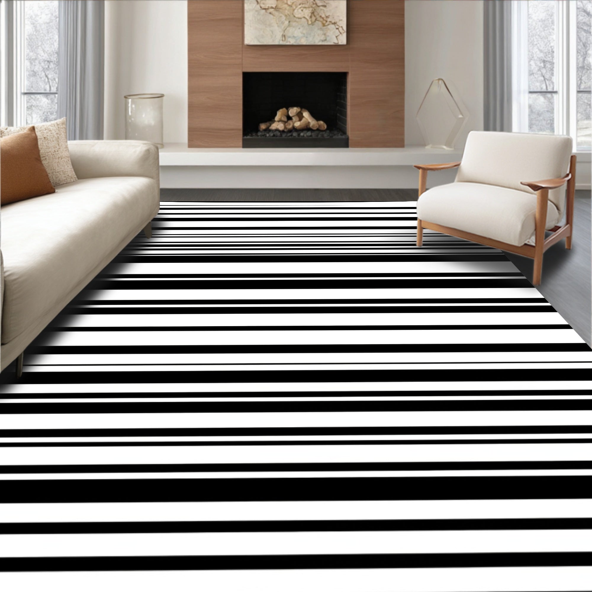 Classic Black White Line Pattern Rug