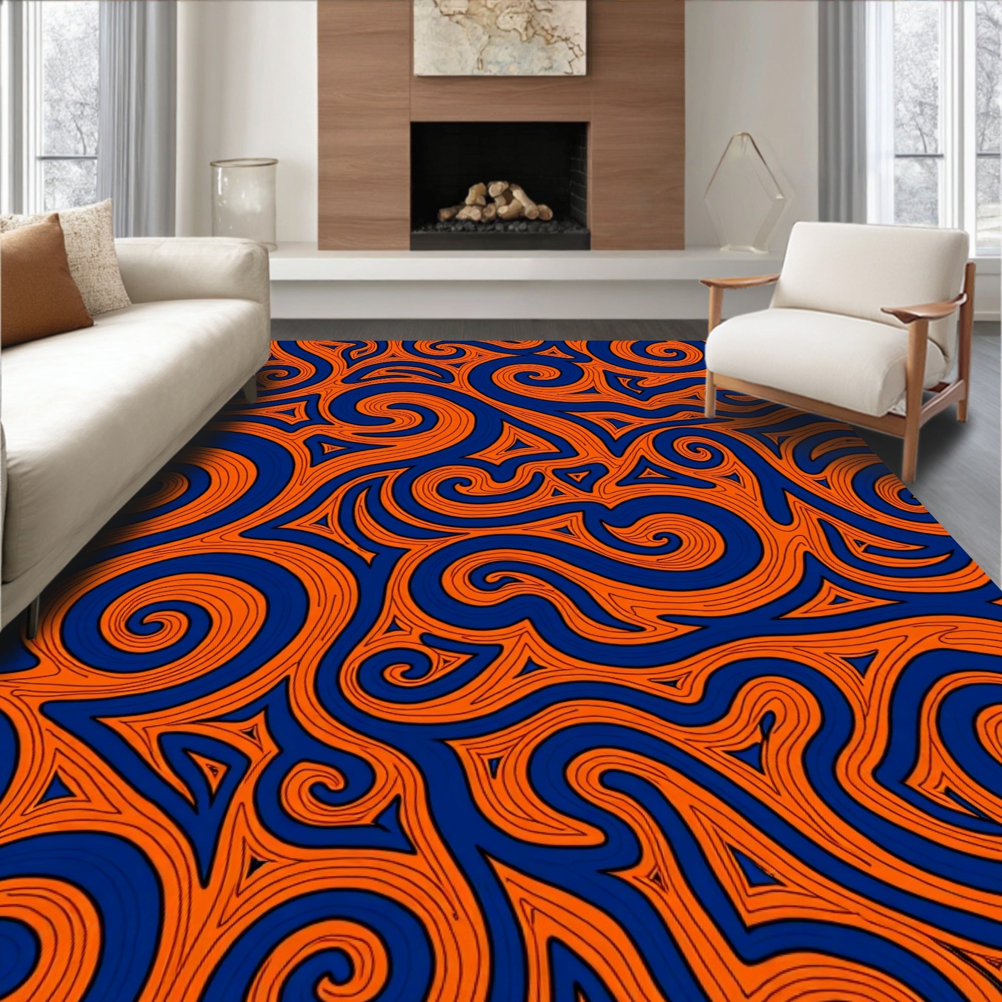 Abstract Swirl Orange Blue Pattern Rug