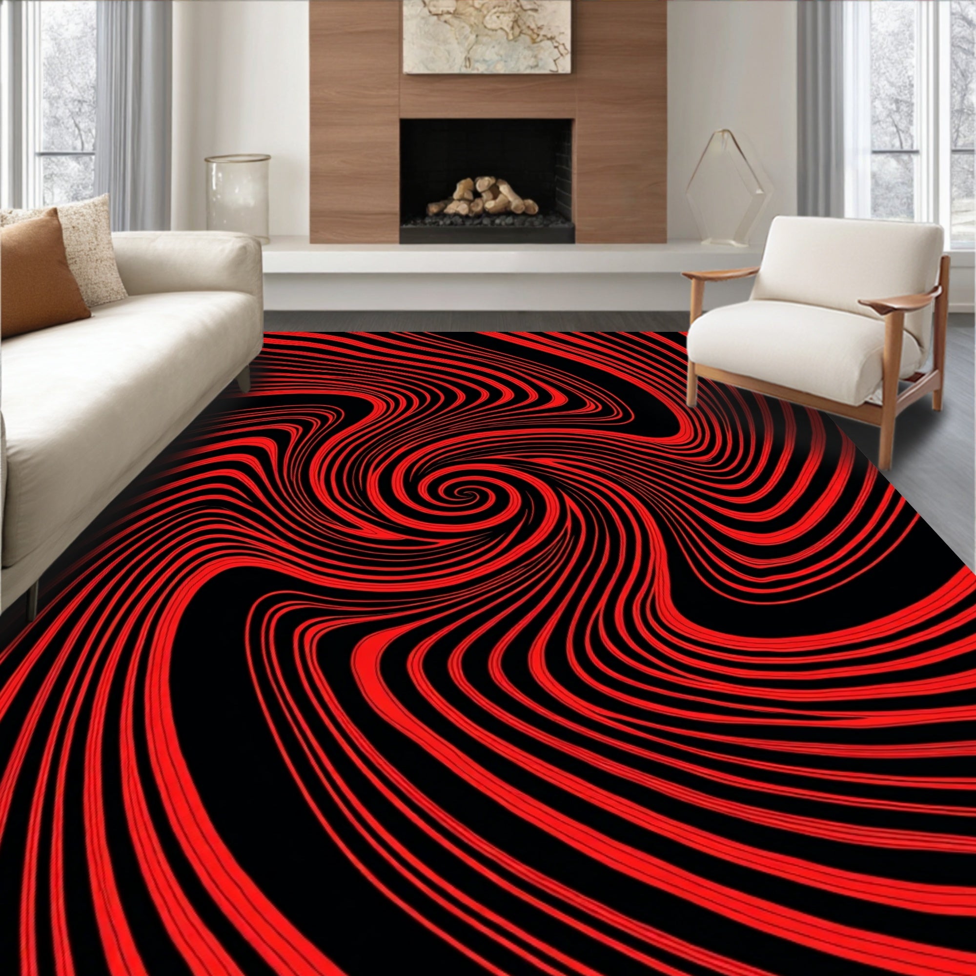 Abstract Red Black Swirl Pattern Rug