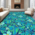 Tropical Floral Patterned Blue Green Rug