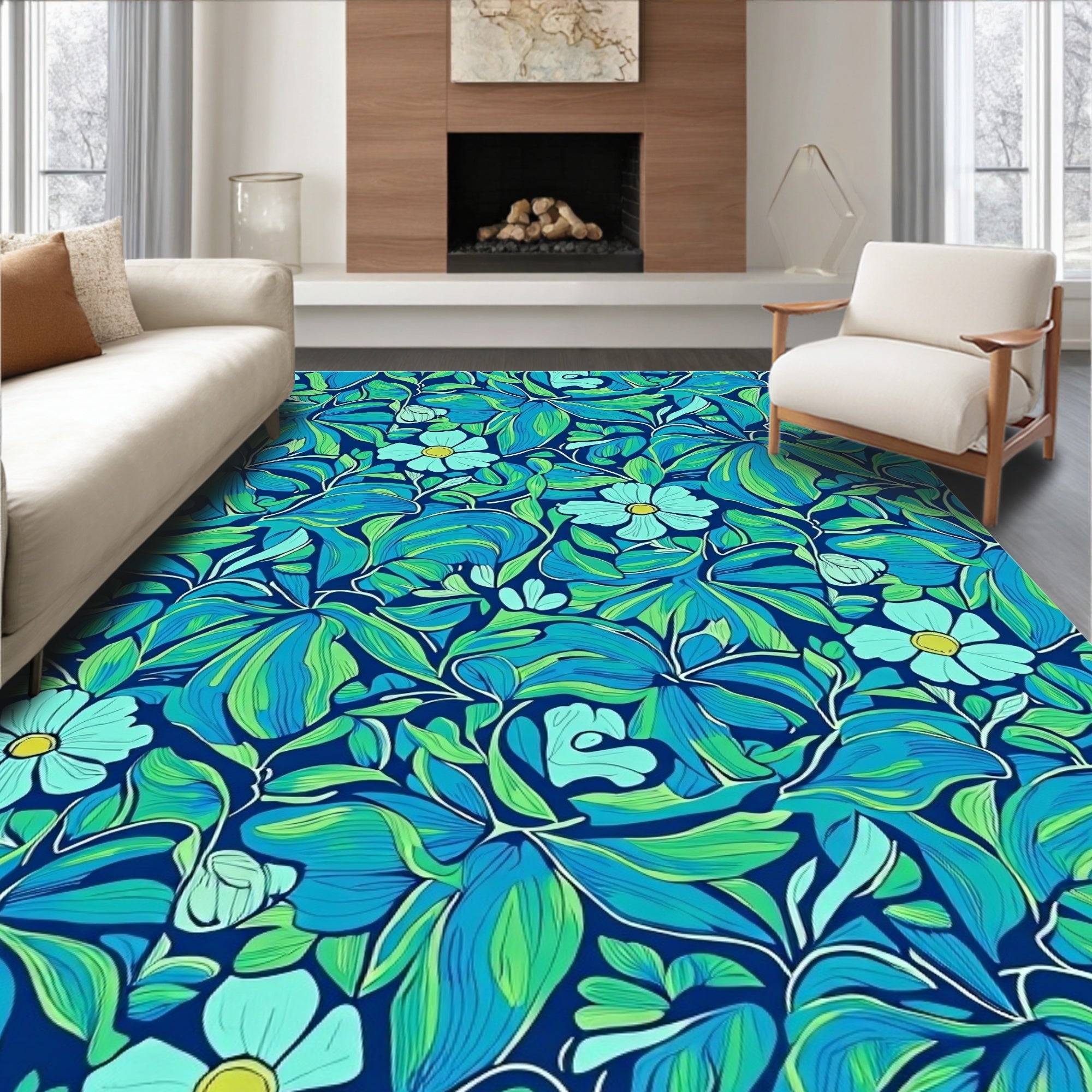 Tropical Floral Patterned Blue Green Rug
